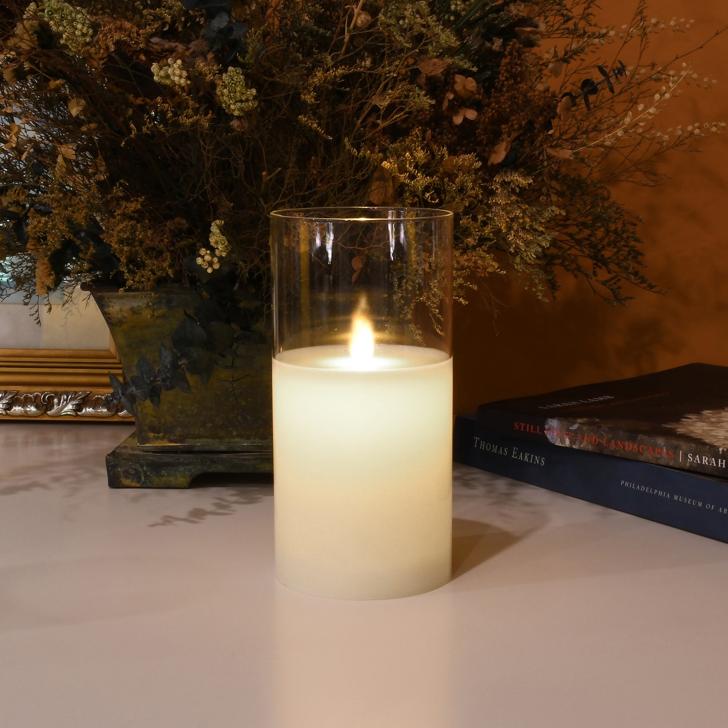 Battery Operated 8" Glass Hurricane LED Candle with Flickering Flame