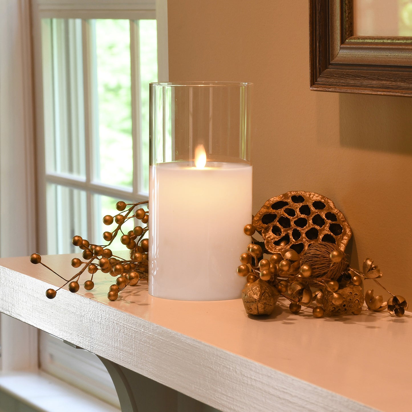 Battery Operated 8" Glass Hurricane LED Candle with Flickering Flame