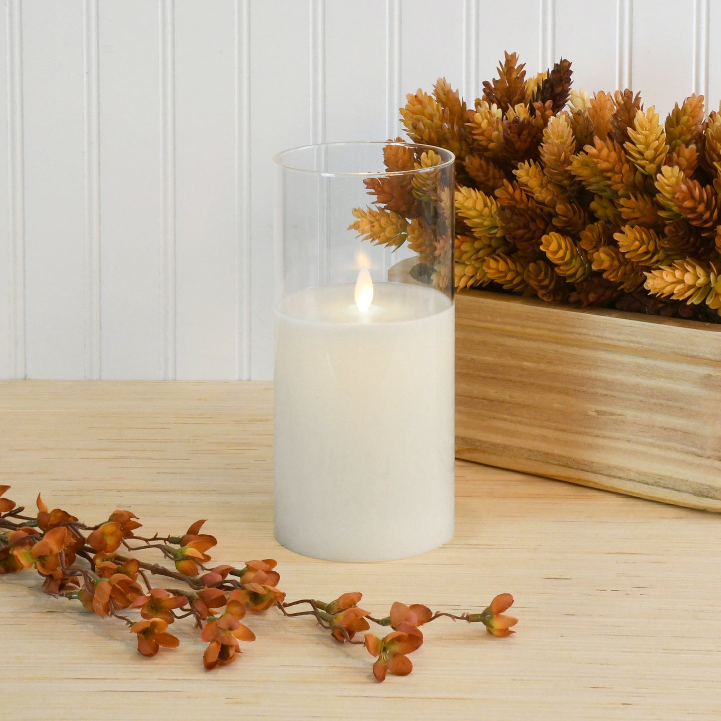 Battery Operated 8" Glass Hurricane LED Candle with Flickering Flame