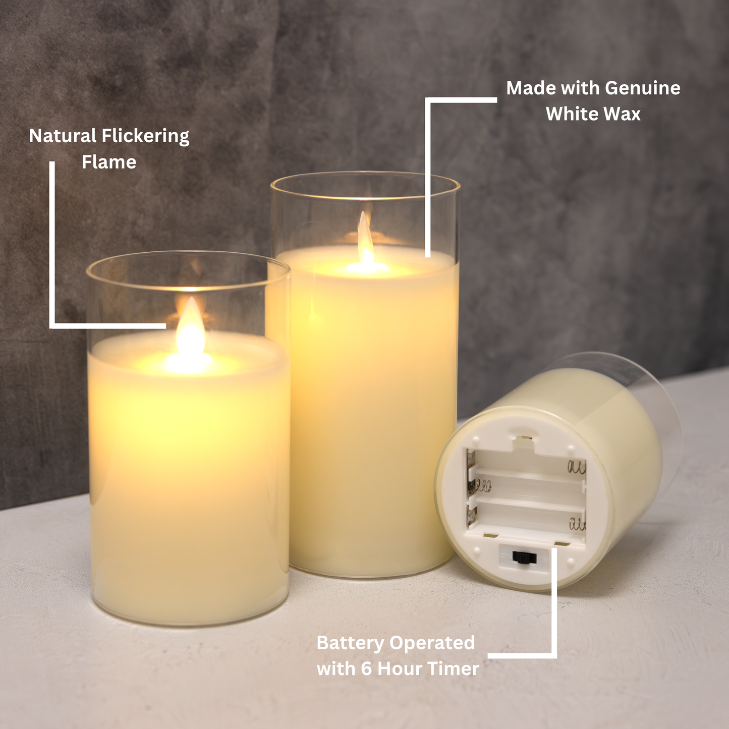 Battery Operated Glass Hurricane LED Candles with Flickering Flame - Set of 3