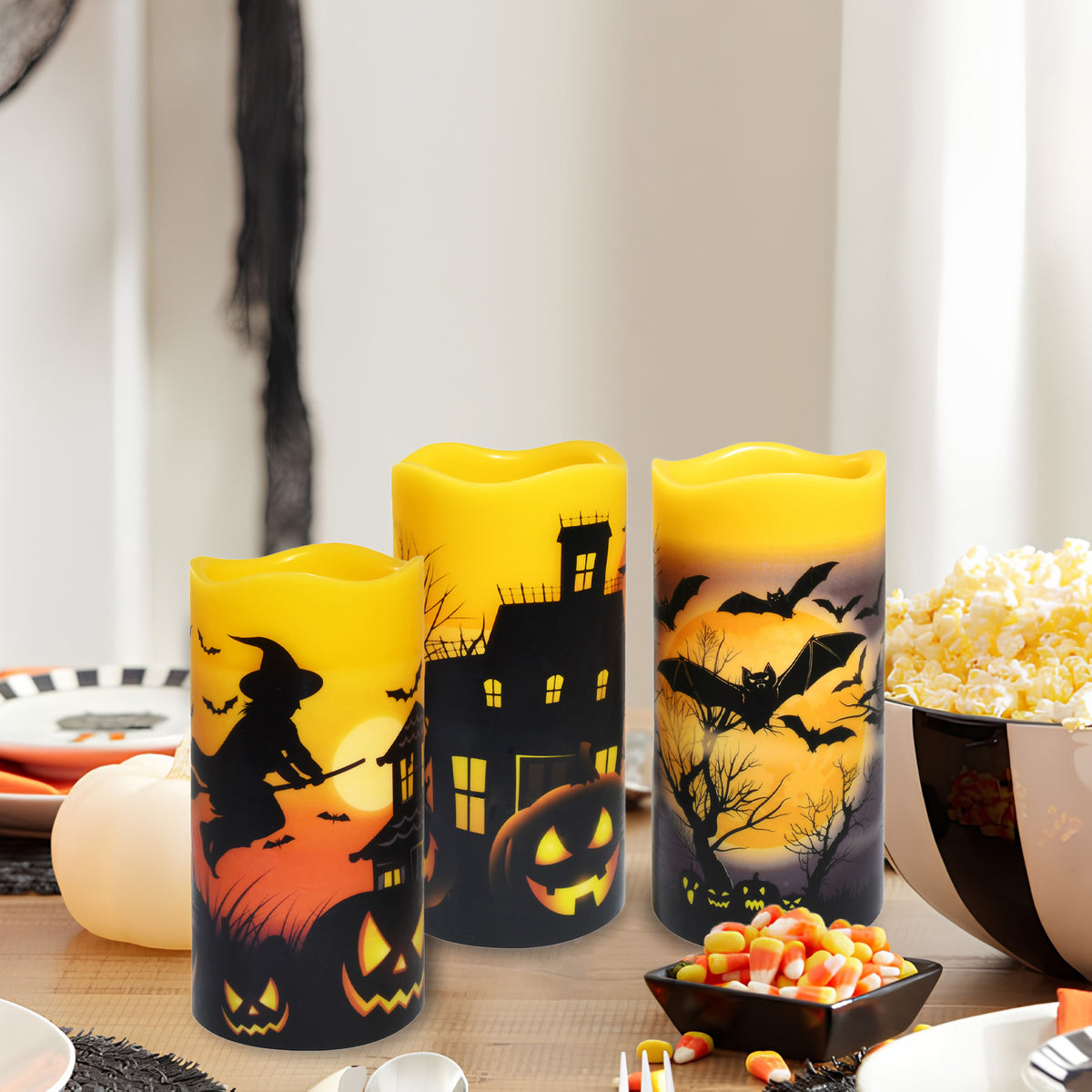 Battery Operated LED Wax Candles, Halloween - Set of 3