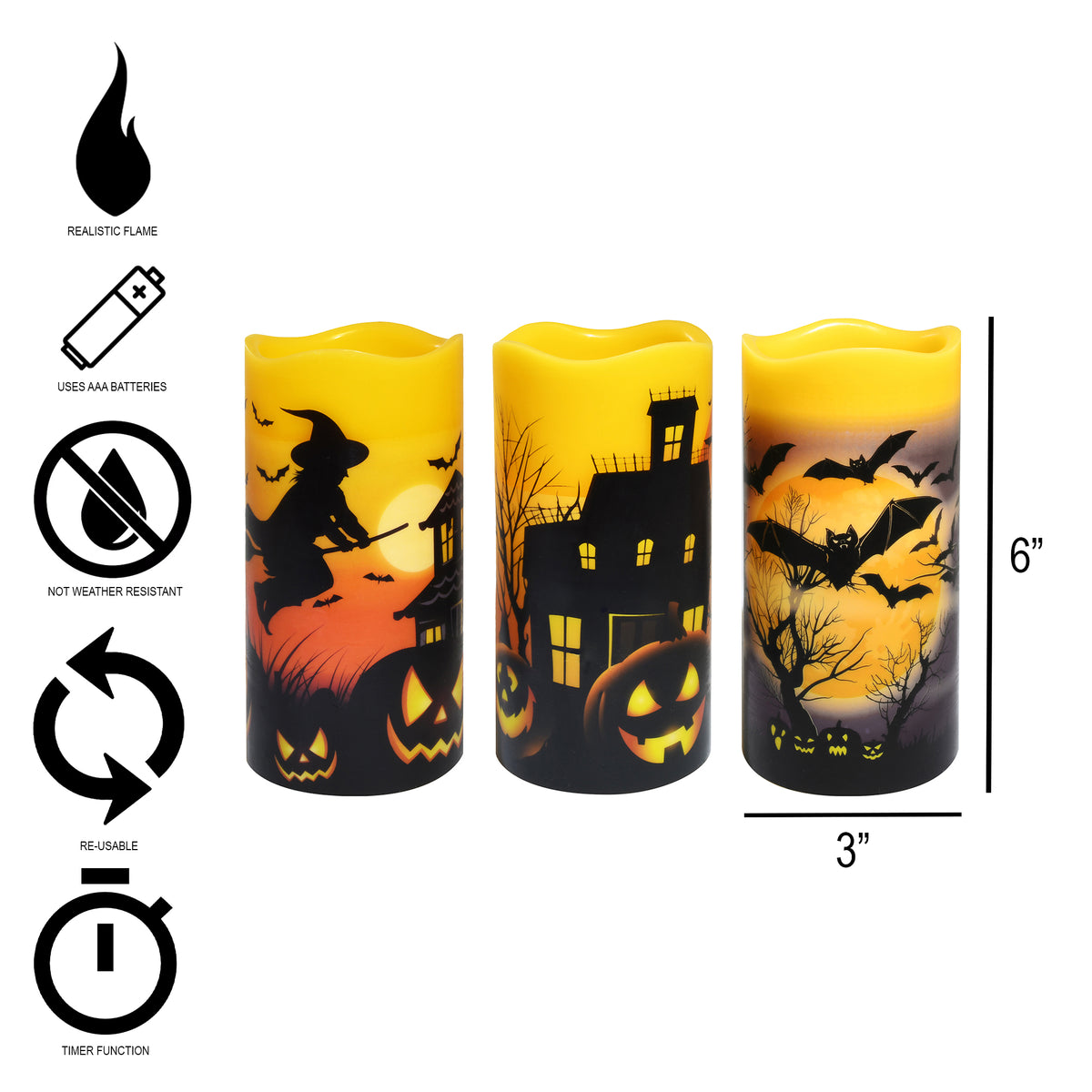 Battery Operated LED Wax Candles, Halloween - Set of 3