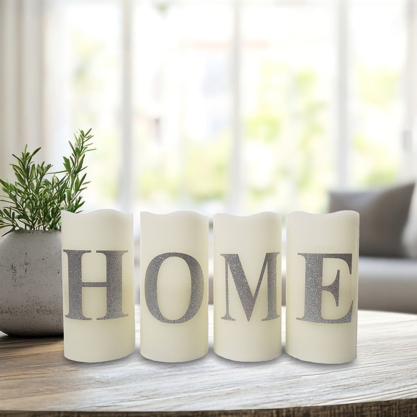 Battery Operated LED Wax Candles, HOME - Set of 4