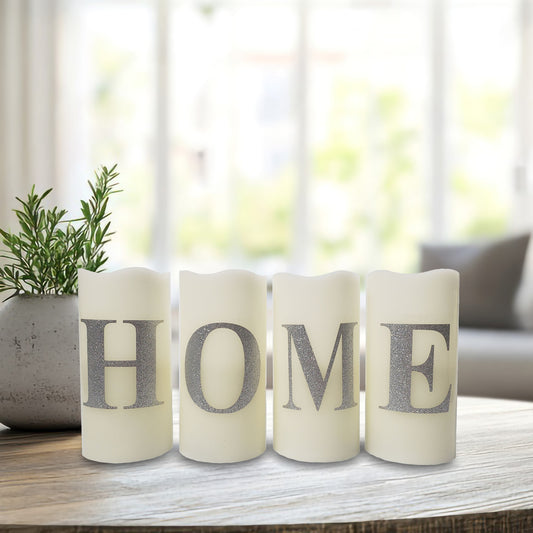 Battery Operated LED Wax Candles, HOME - Set of 4