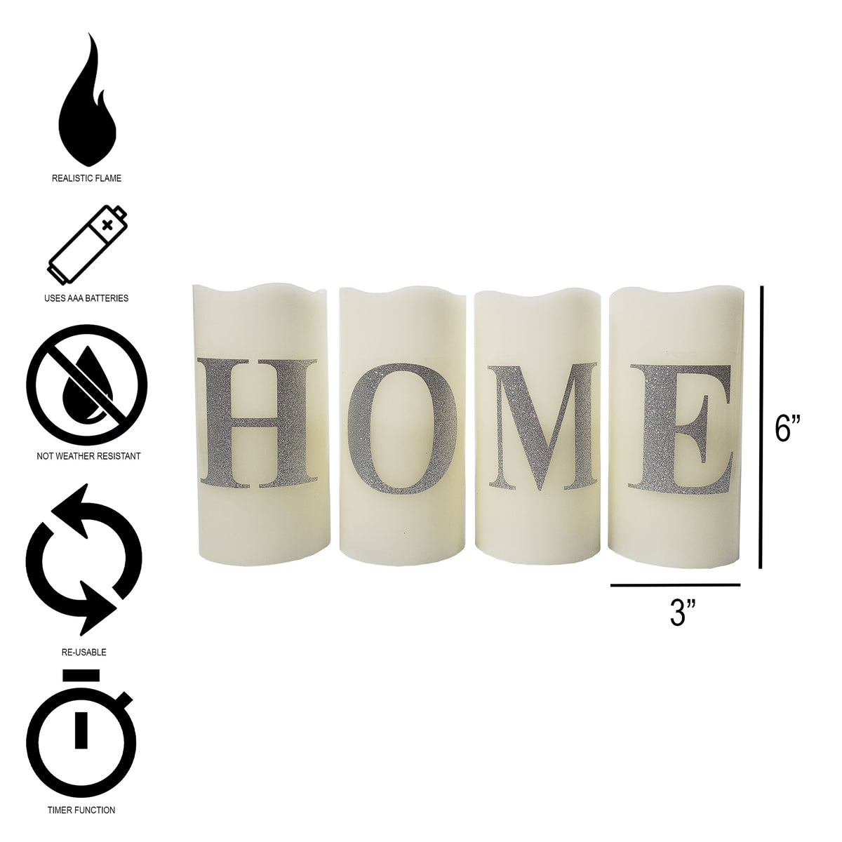 Battery Operated LED Wax Candles, HOME - Set of 4