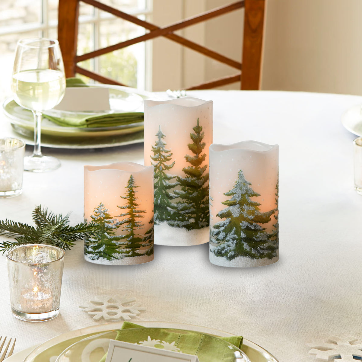 Battery-Operated LED Wax Candles, Green Pines - Set of 3