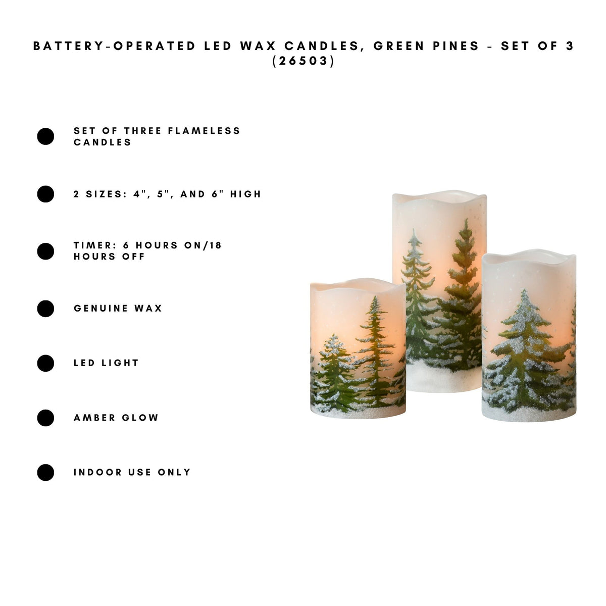 Battery-Operated LED Wax Candles, Green Pines - Set of 3