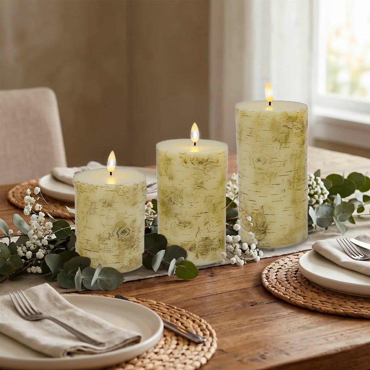 Battery-Operated Birch Wood Pillar Candles - Set of 3