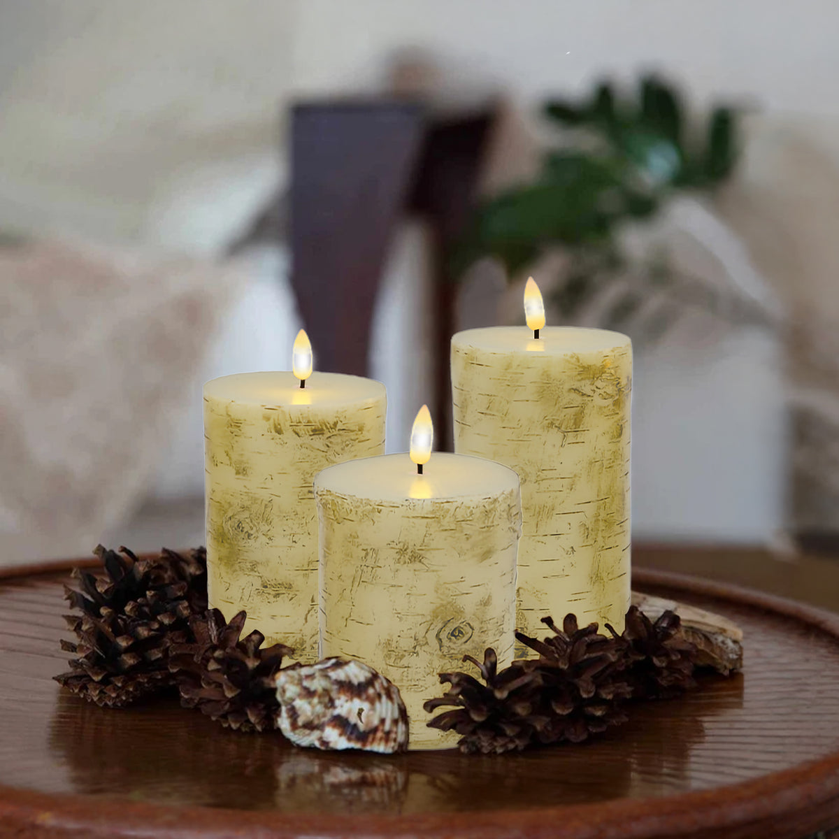 Battery-Operated Birch Wood Pillar Candles