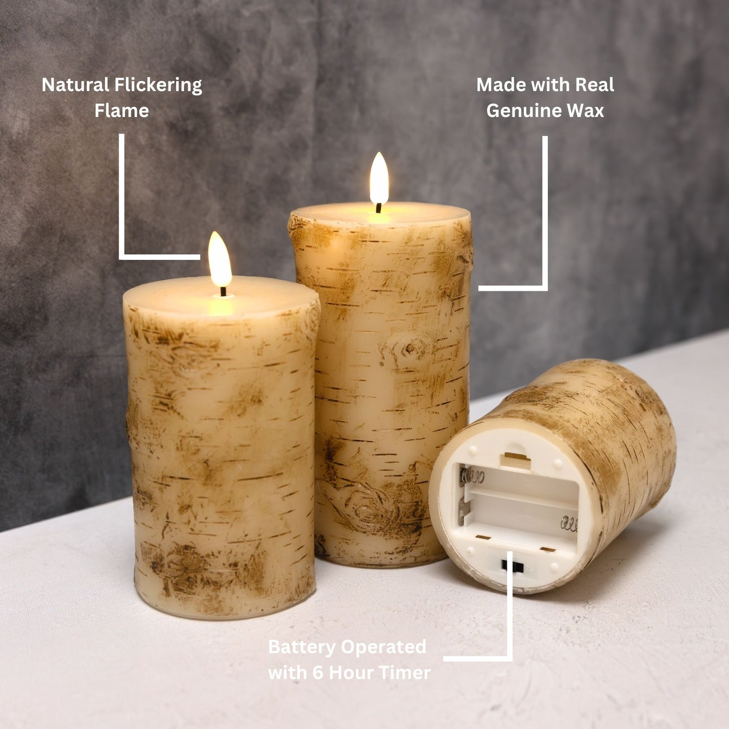 Battery Operated Birch Wood Pillar Candles - Set of 3