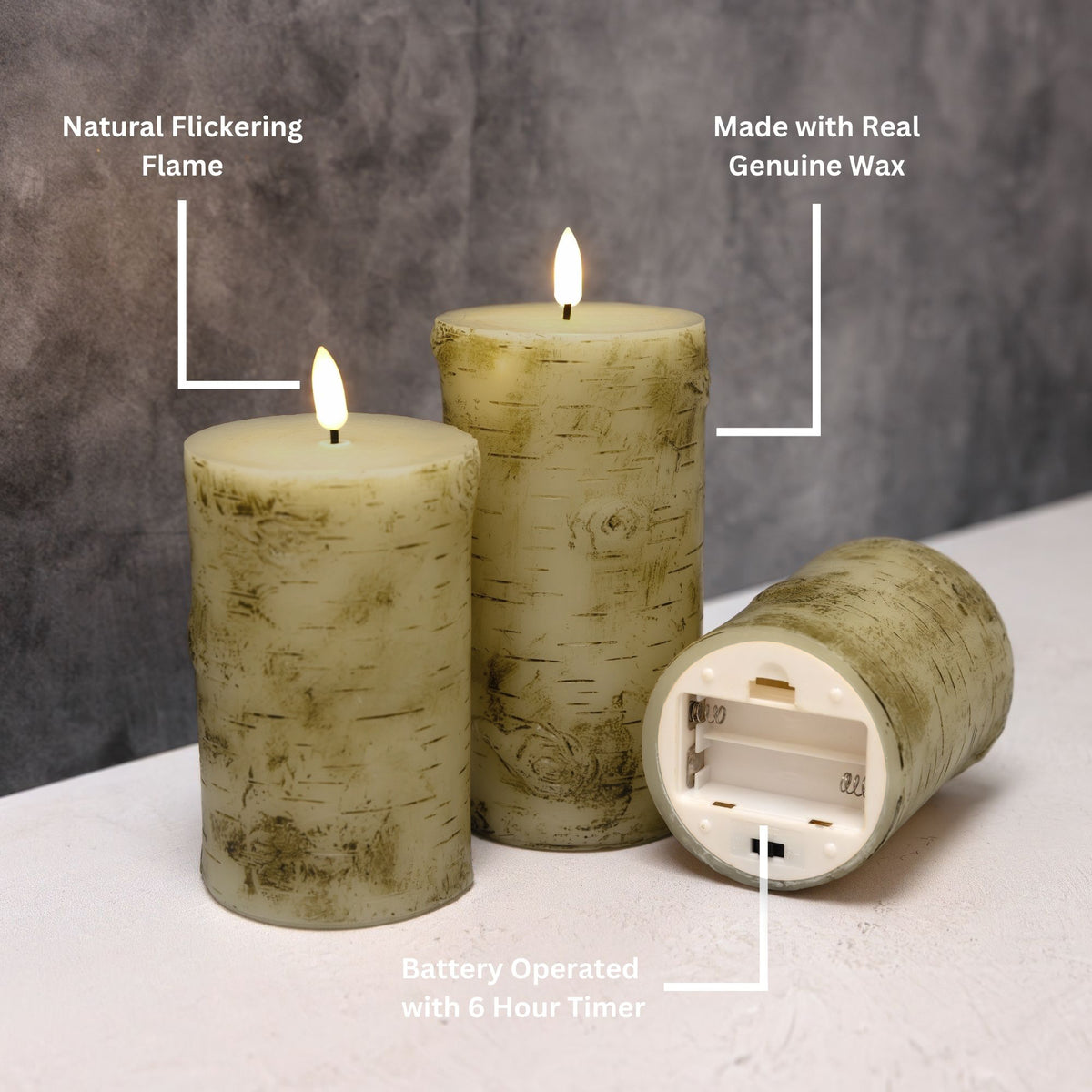 Battery-Operated Birch Wood Pillar Candles - Set of 3