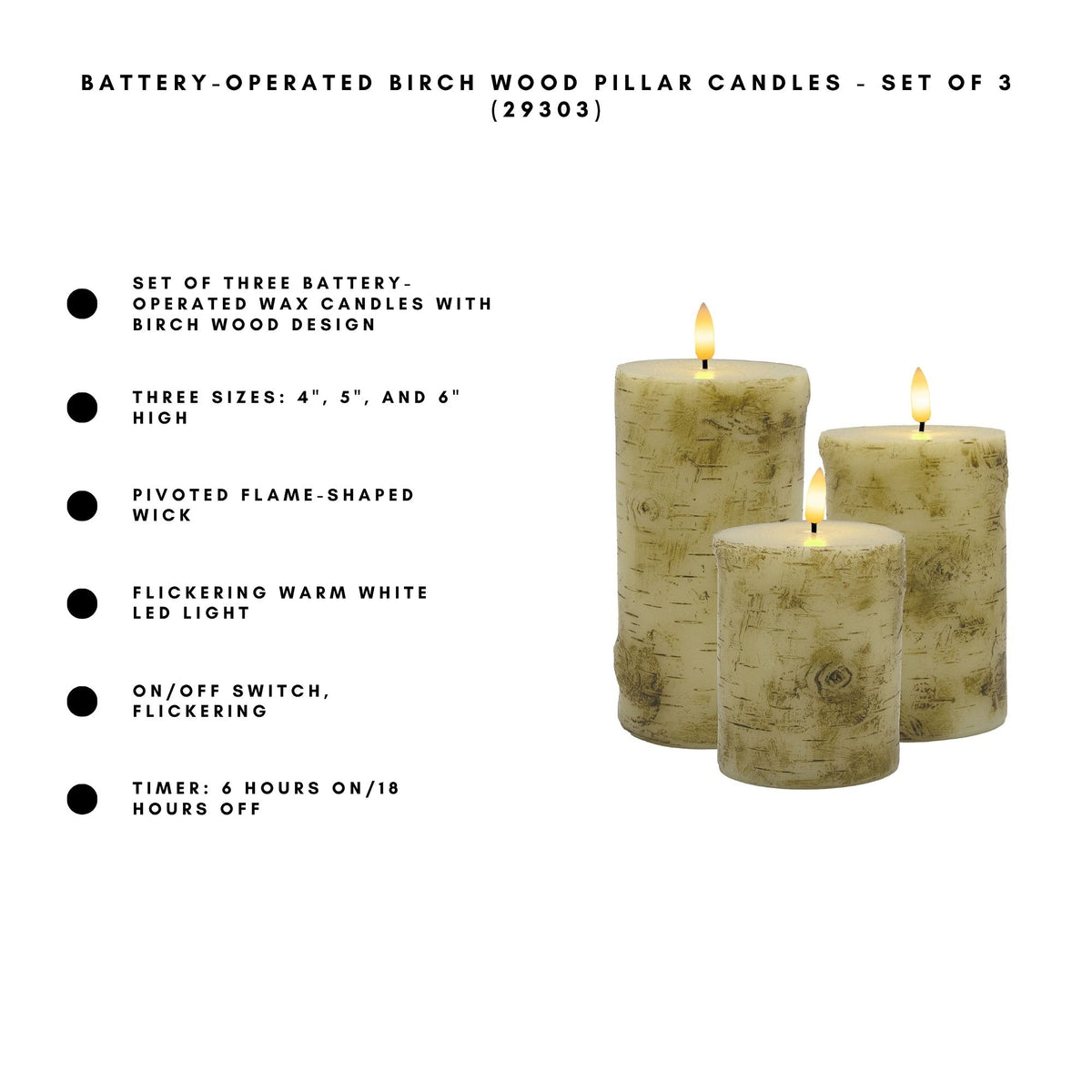 Battery-Operated Birch Wood Pillar Candles - Set of 3