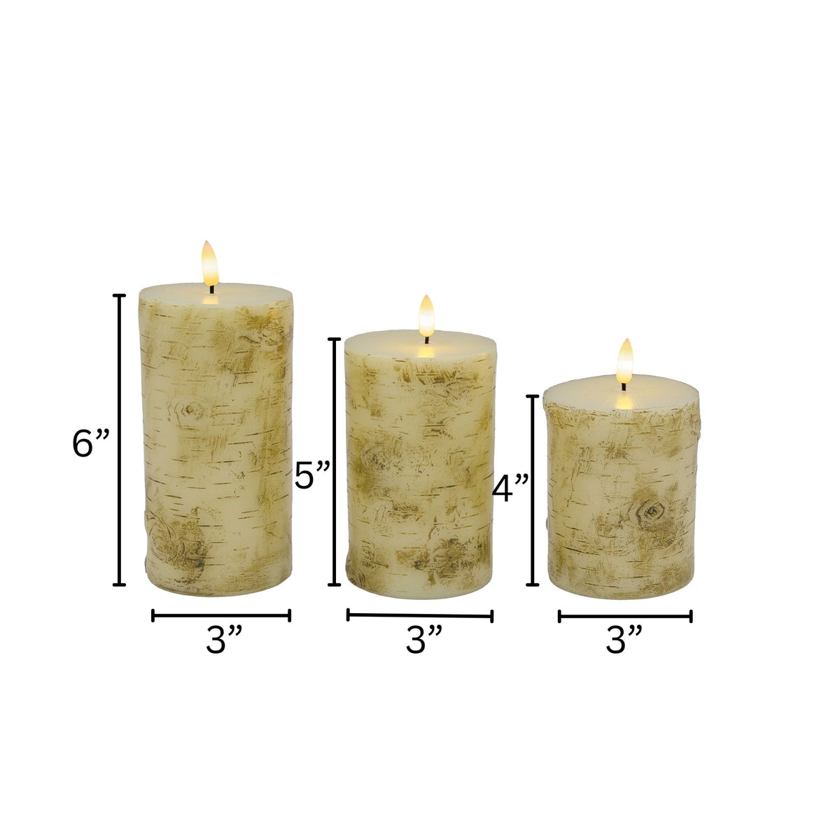 Battery-Operated Birch Wood Pillar Candles - Set of 3