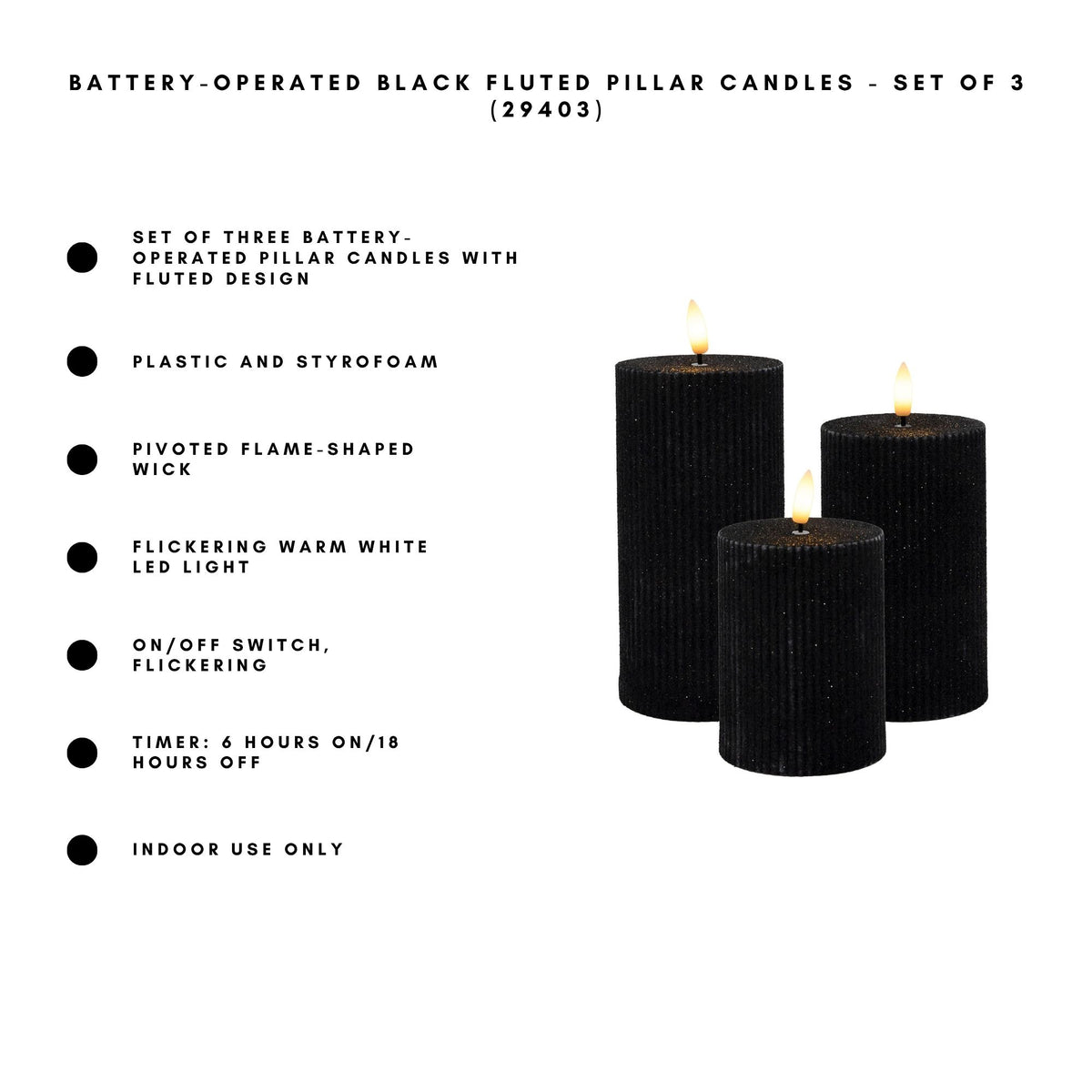 Battery-Operated Black Fluted Pillar Candles - Set of 3