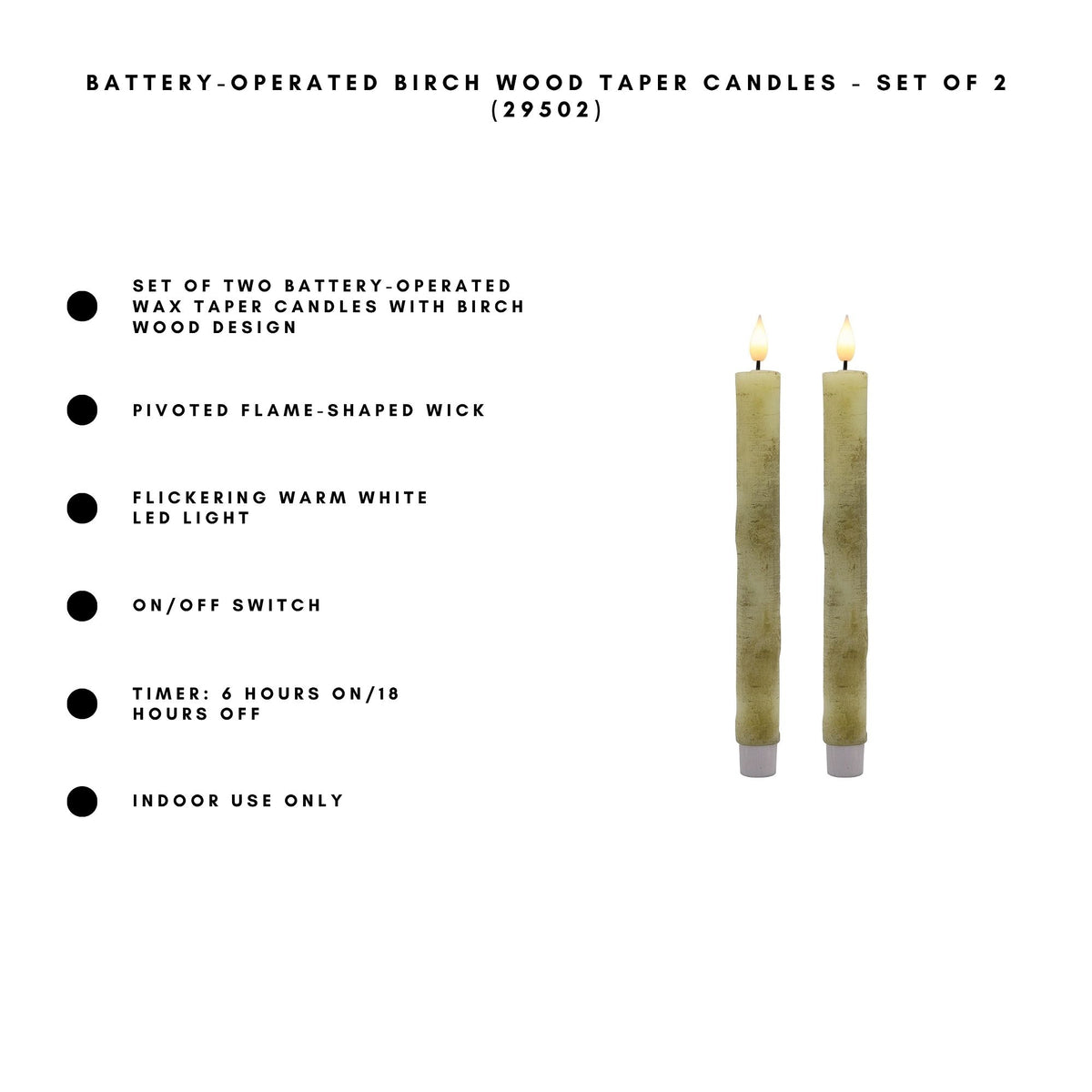 Battery-Operated Birch Wood Taper Candles - Set of 2