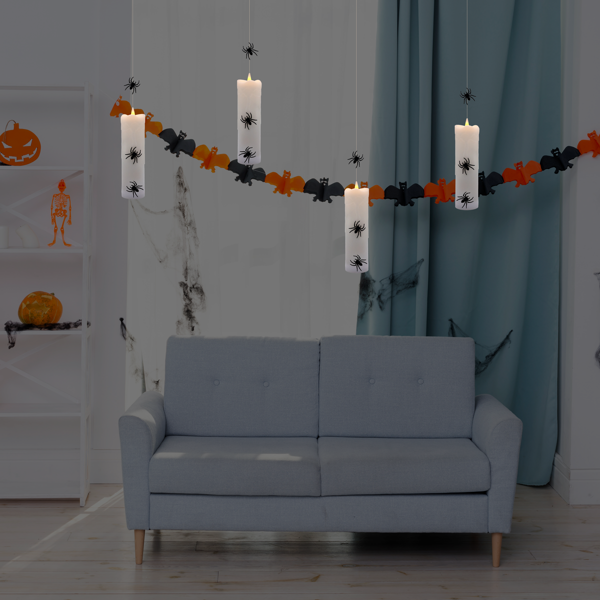 Battery Operated Hanging Pillar Candles with Spiders - Set of 4