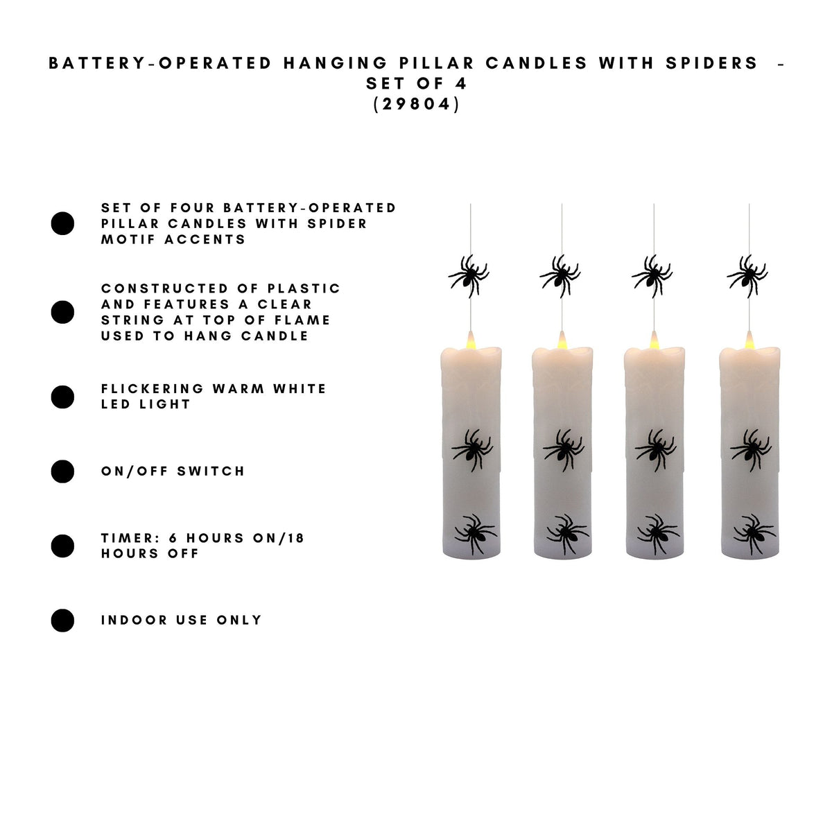 Battery Operated Hanging Pillar Candles with Spiders - Set of 4