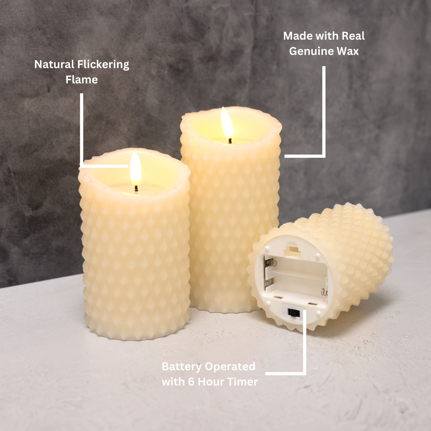 Battery Operated Textured Candles - Set of 3