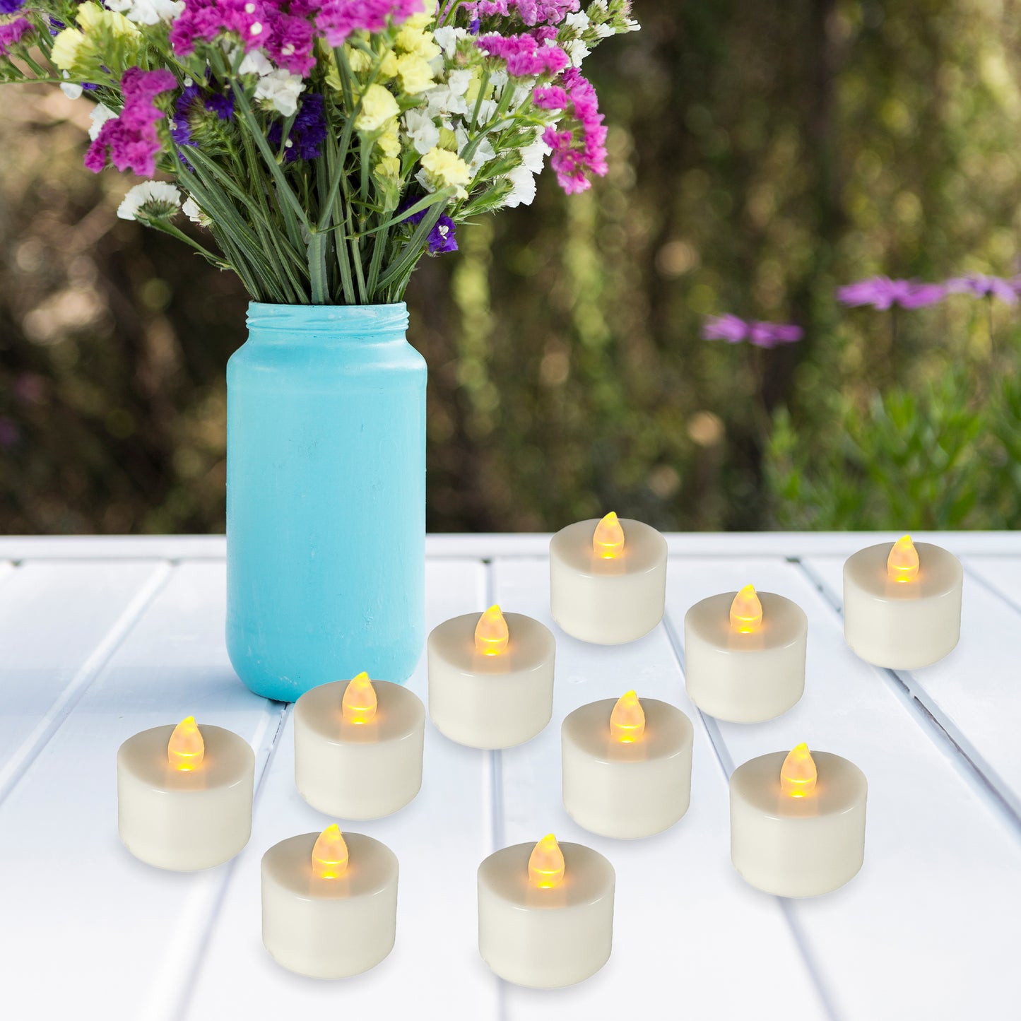 Weather-Resistant Battery-Operated Tea Light Candles, Amber - Set of 12