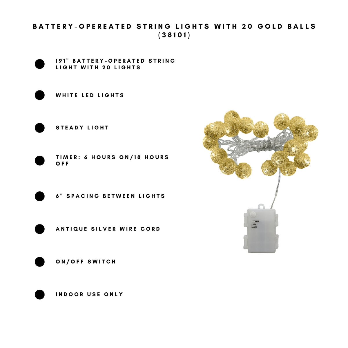 Battery-Operated String Lights with 20 Gold Balls