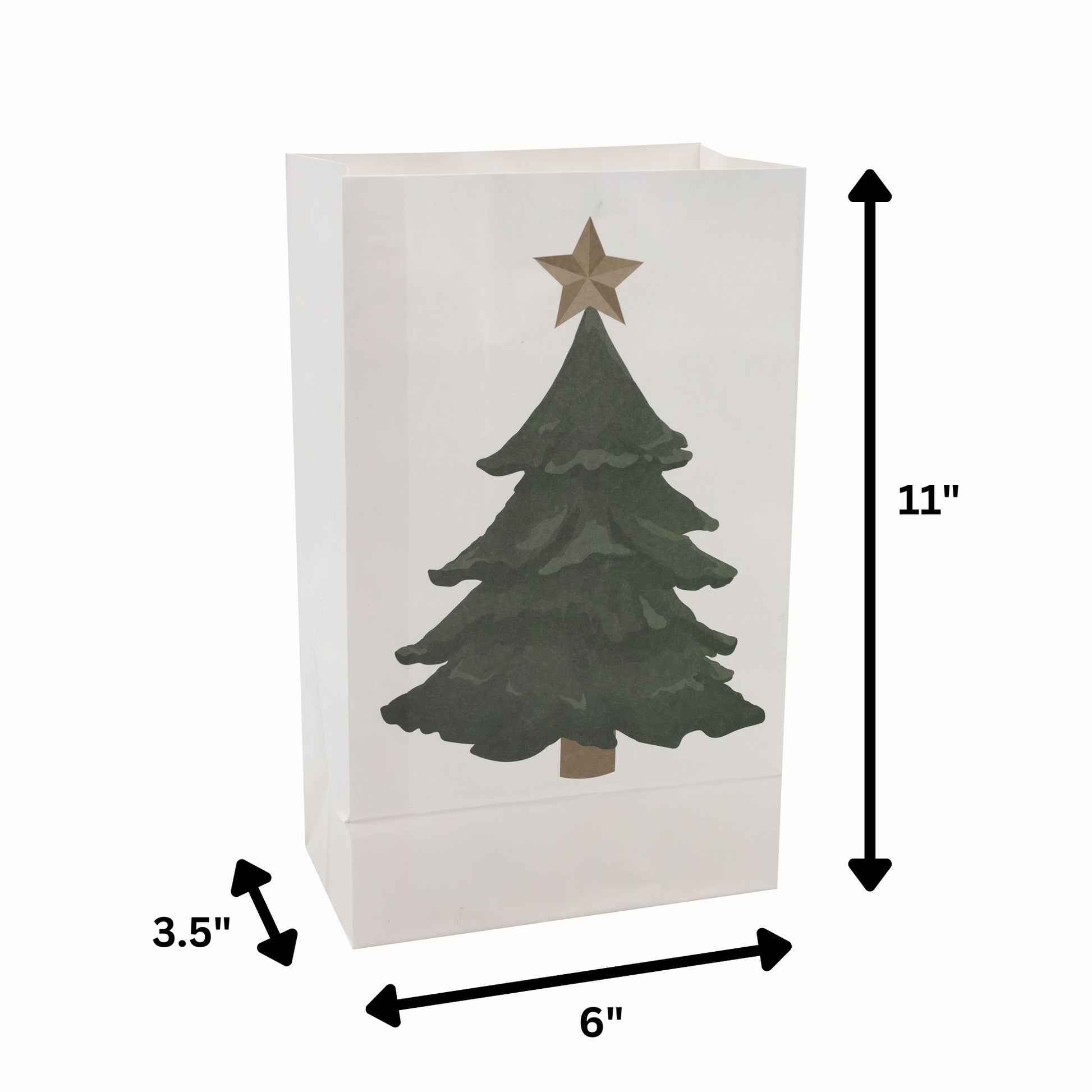 White paper luminaria bag with a green Christmas tree design and star, with dimensions indicated.