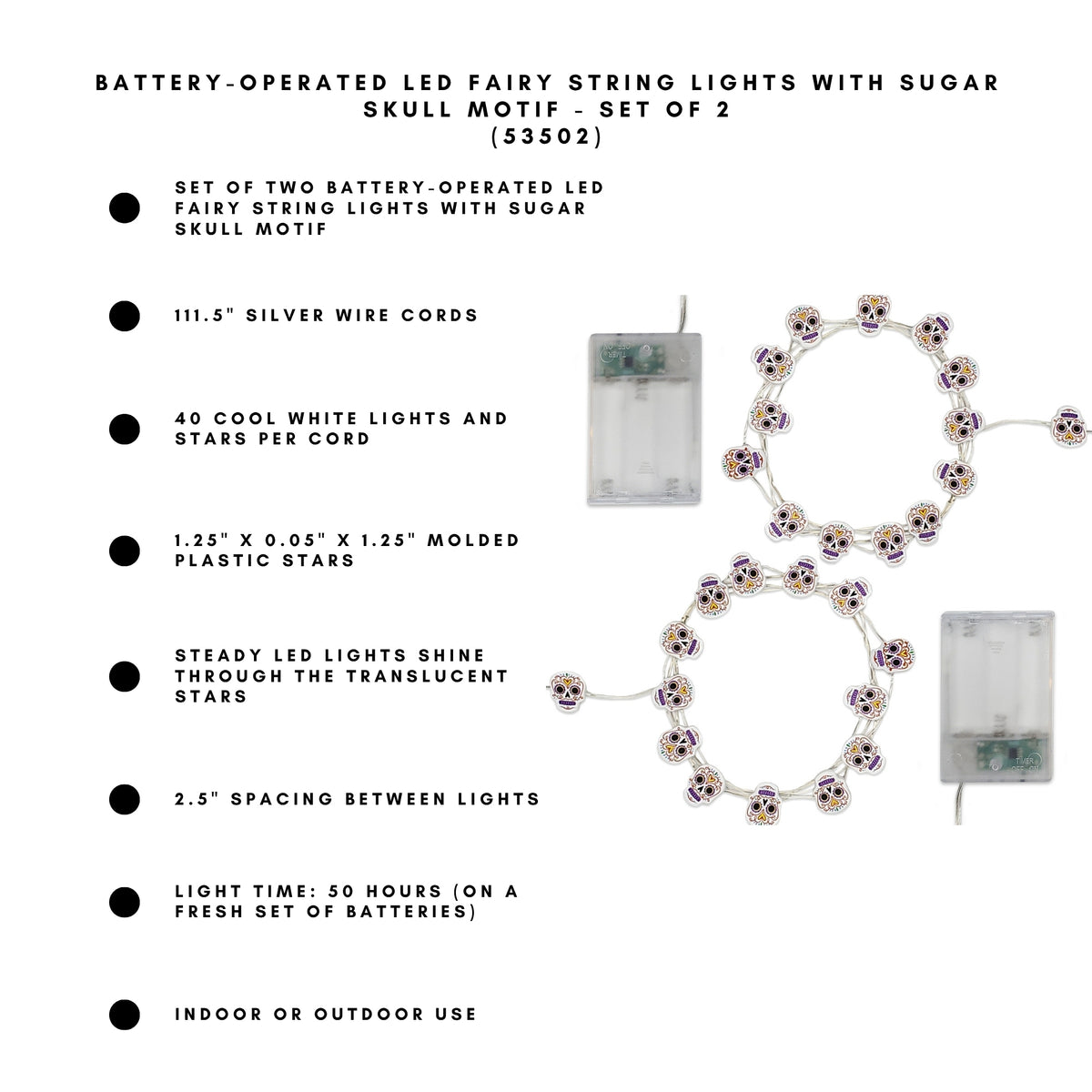 Battery-Operated LED Fairy String Lights with Sugar Skull Motif - Set of 2