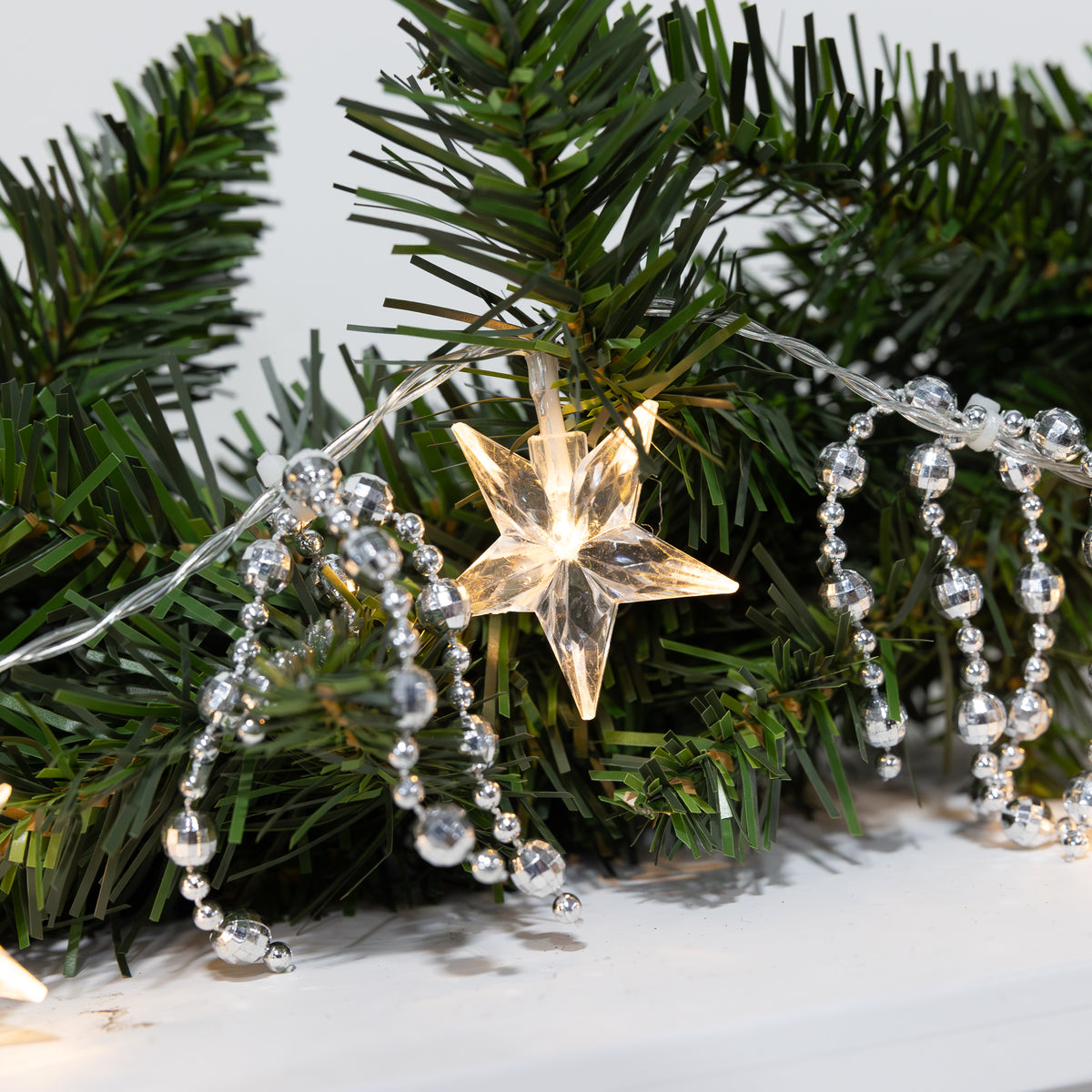 Battery-Operated Silver String Lights with Lighted Stars
