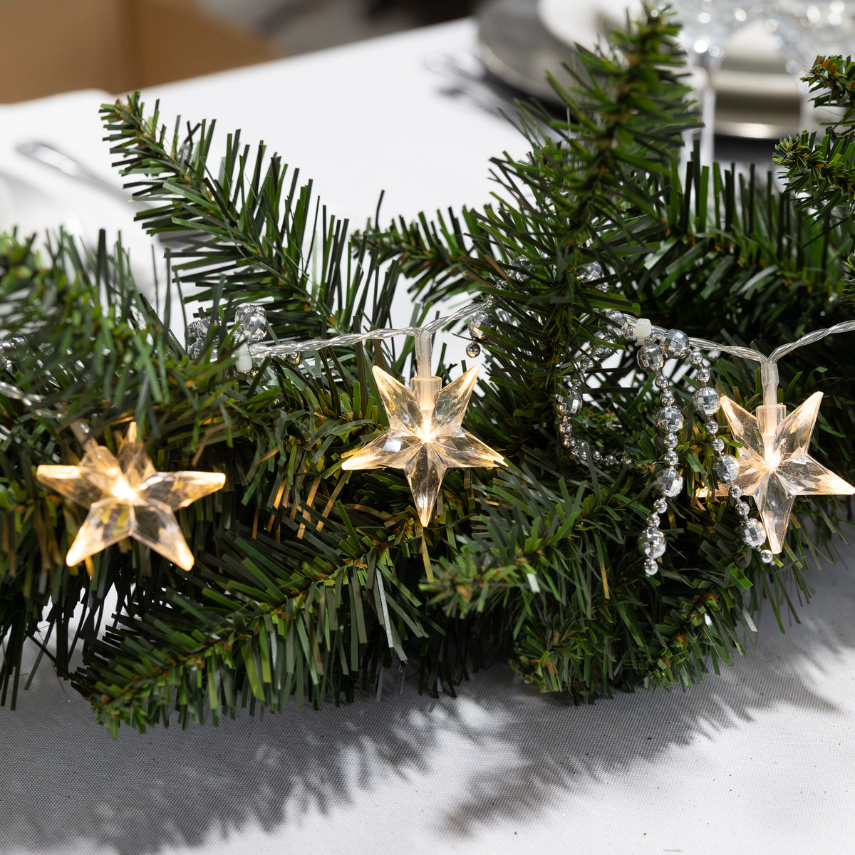Battery-Operated Silver String Lights with Lighted Stars