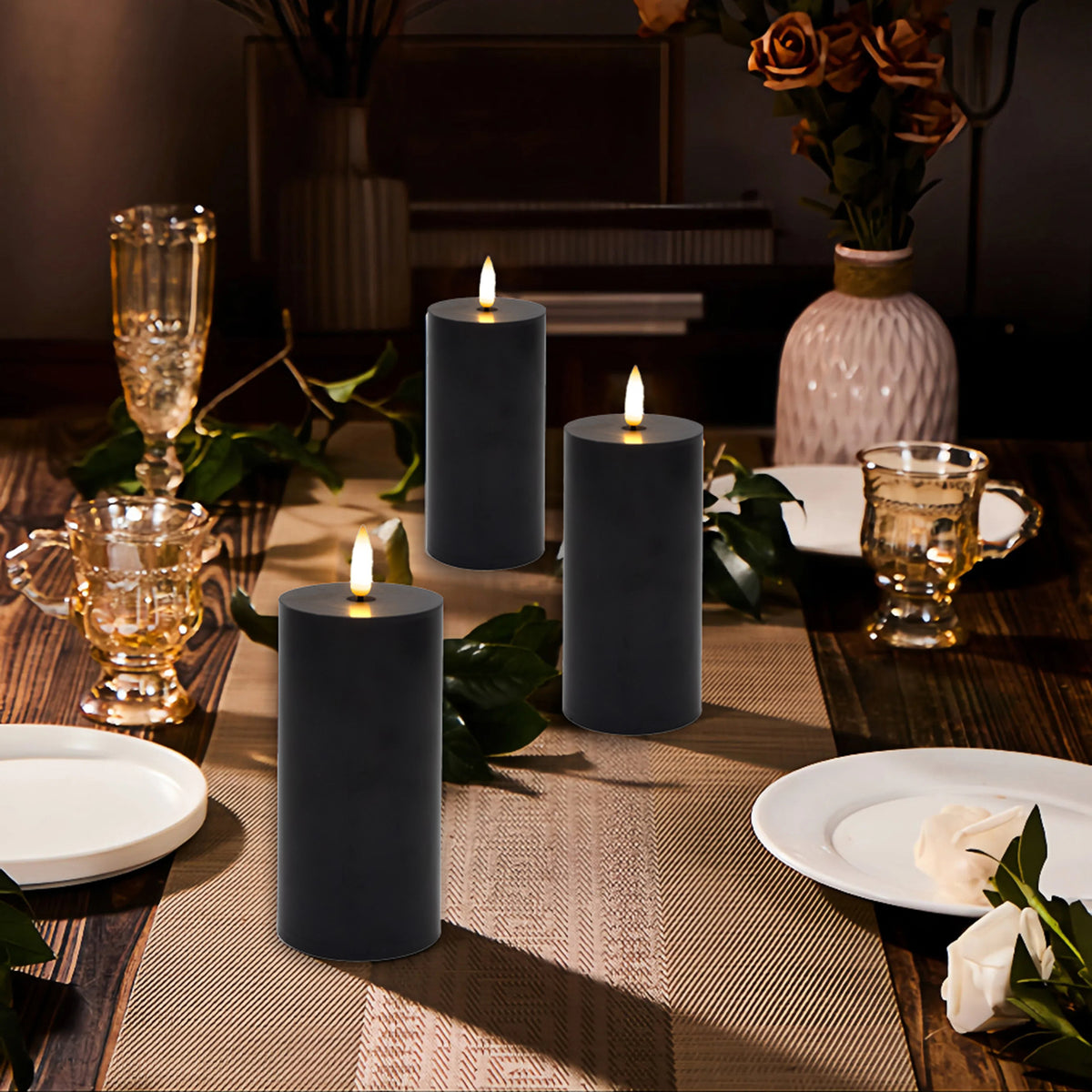 Battery-Operated 3D-Wick Pillar Candles - Set of 3