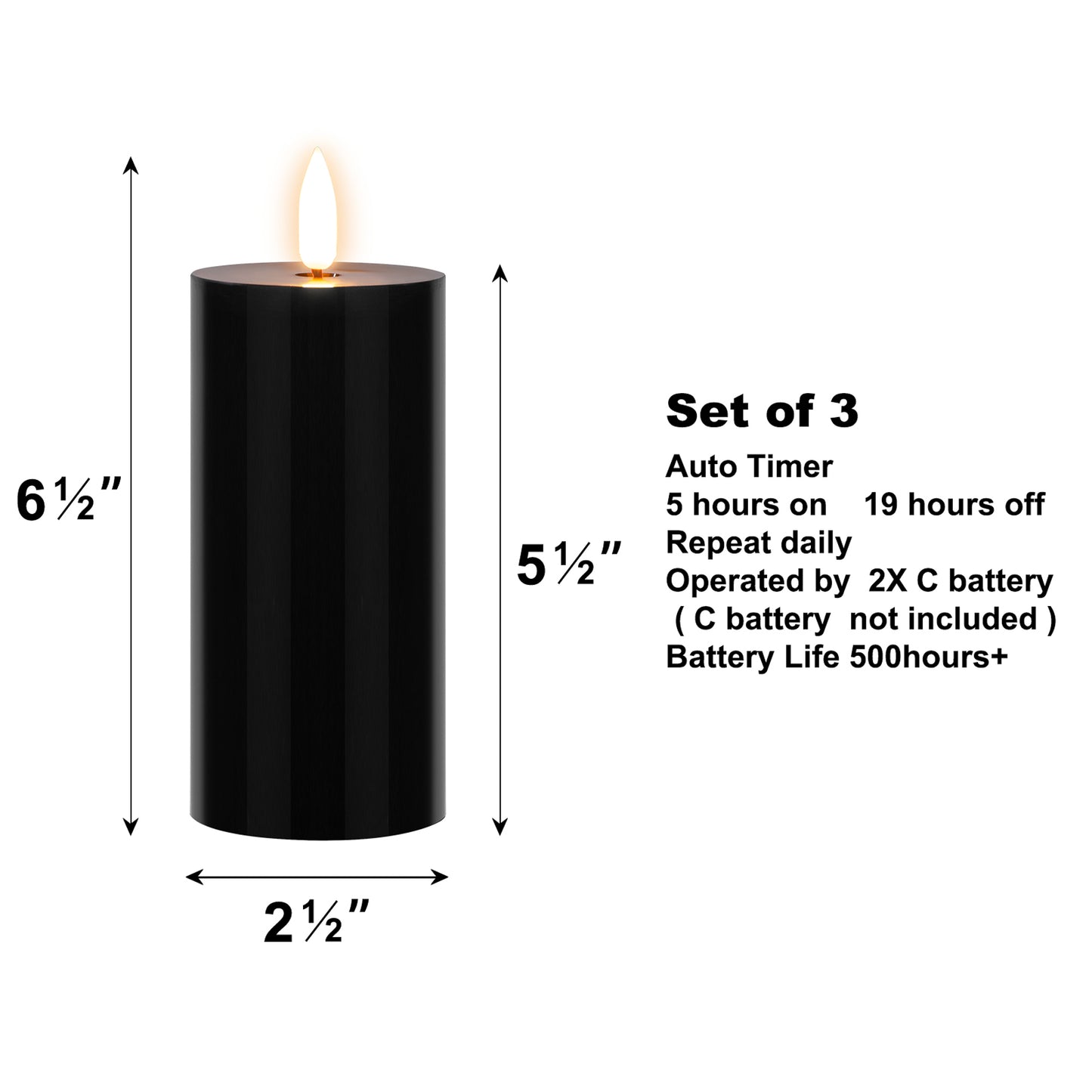 Battery Operated 3D Wick Pillar Candles, - Set of 3