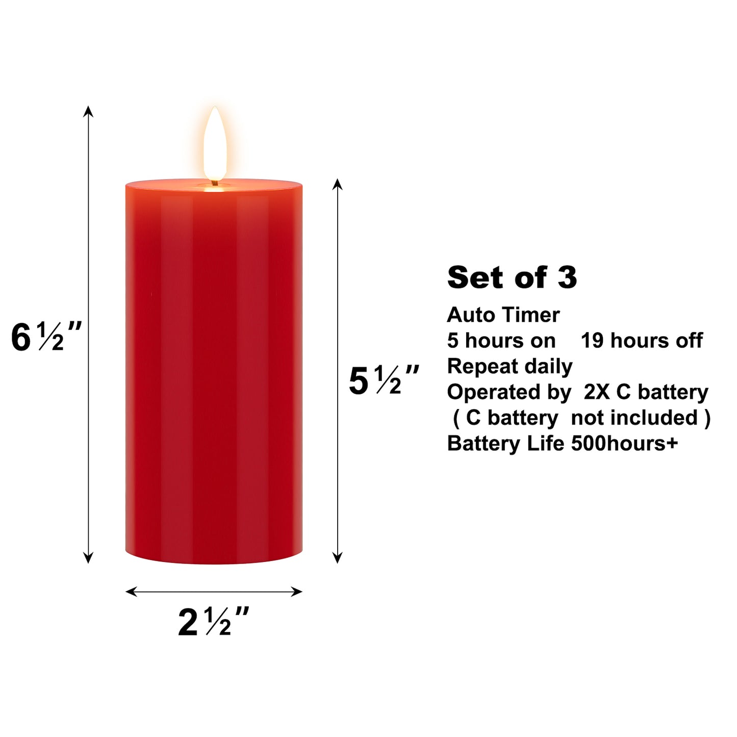 Battery Operated 3D Wick Pillar Candles, - Set of 3