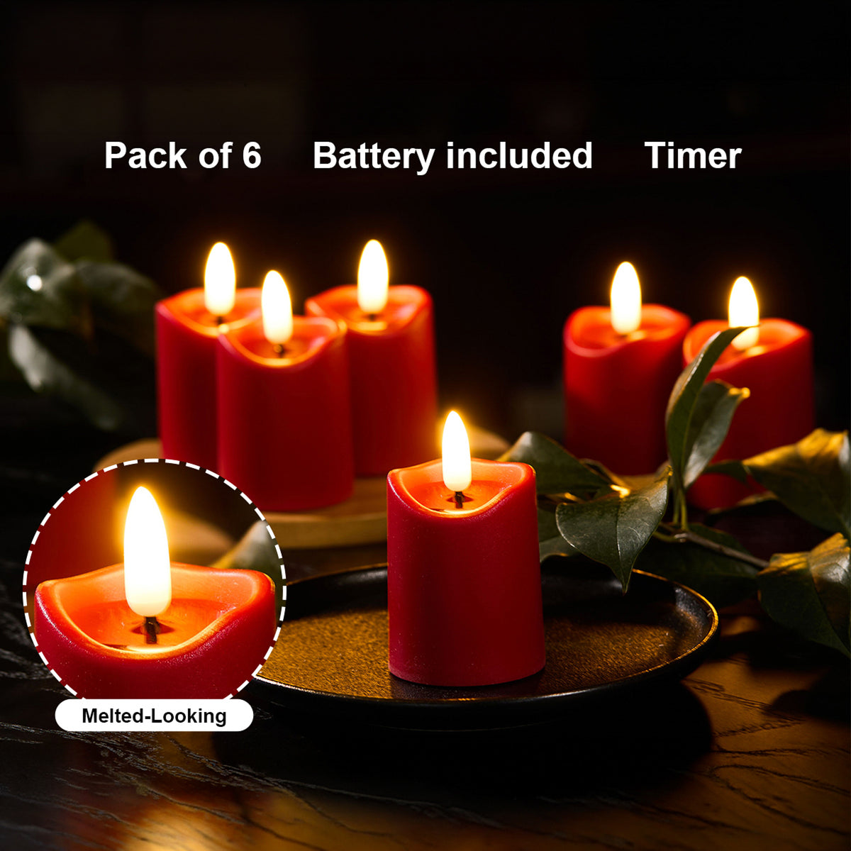 Battery-Operated 3D Wick Flame Mini Pillars - Set of 6