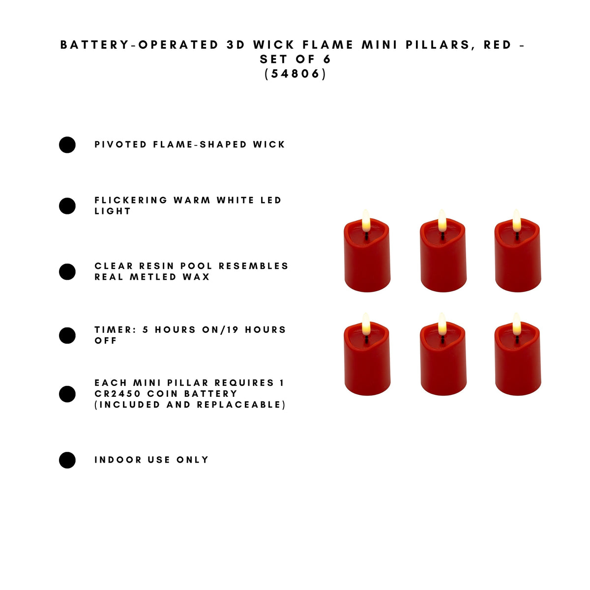 Battery-Operated 3D Wick Flame Mini Pillars - Set of 6