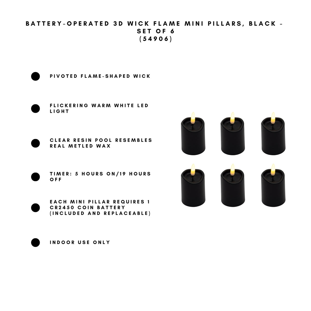 Battery-Operated 3D Wick Flame Mini Pillars - Set of 6
