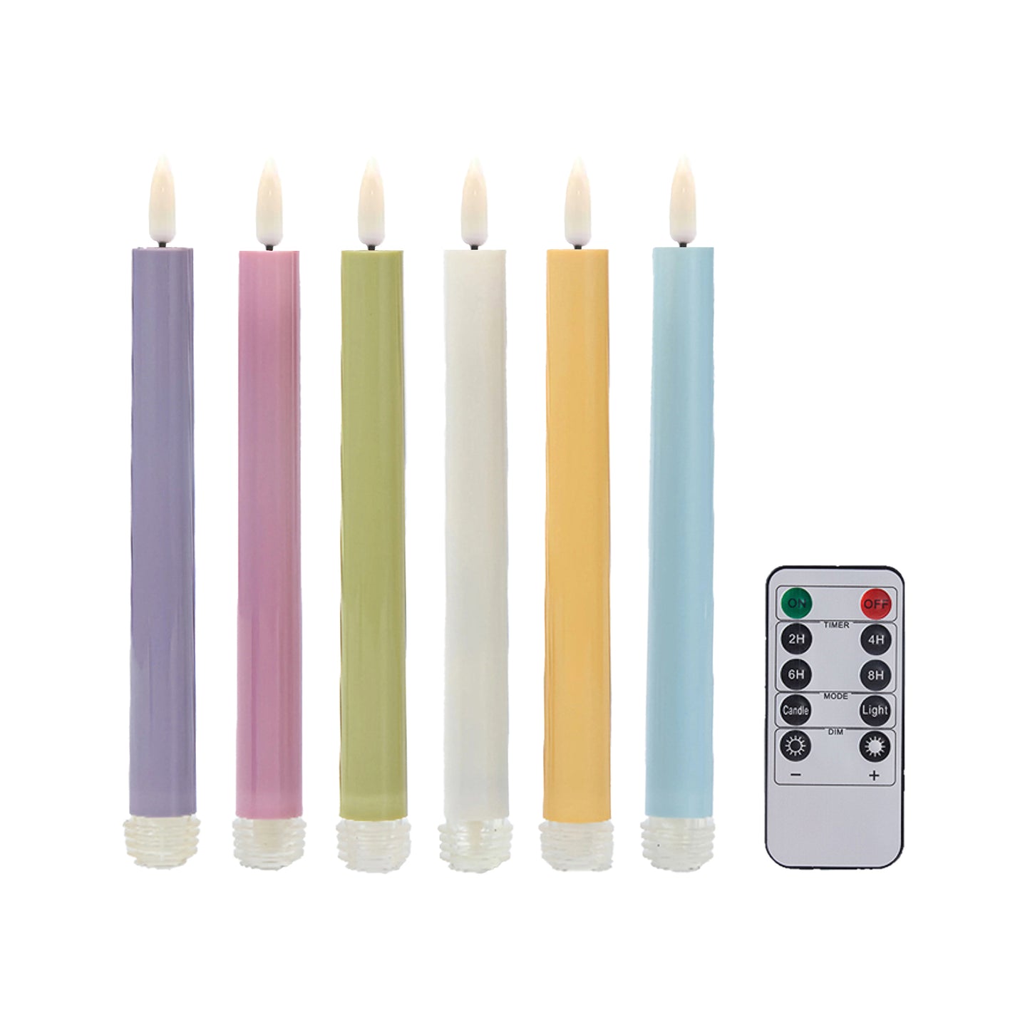 Battery-Operated 3D Wick Flame Taper Candles with Remote Control, Pastel - Set of 6