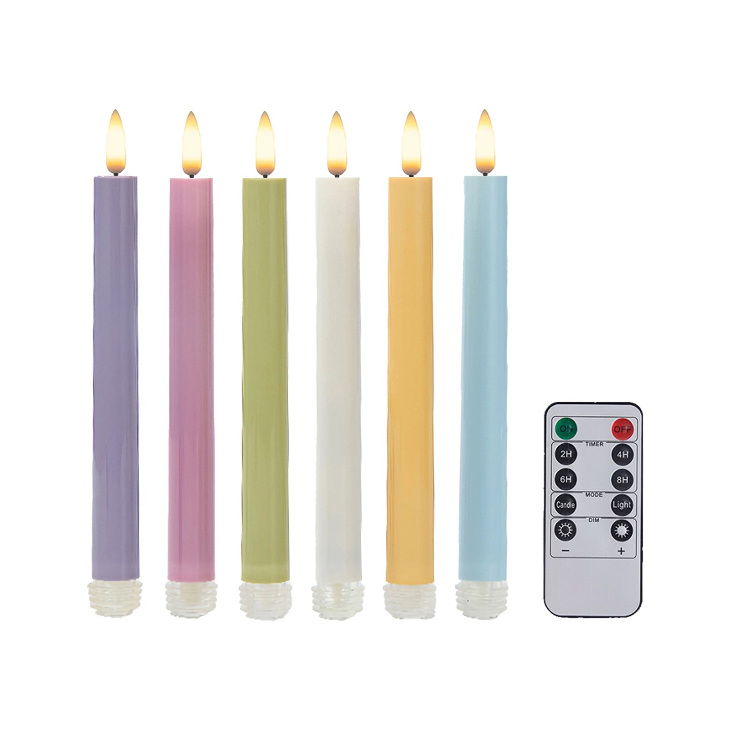 Battery-Operated 3D Wick Flame Taper Candles with Remote Control, Pastel - Set of 6