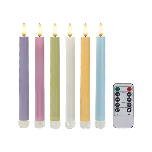 Battery-Operated 3D Wick Flame Taper Candles with Remote Control, Pastel - Set of 6