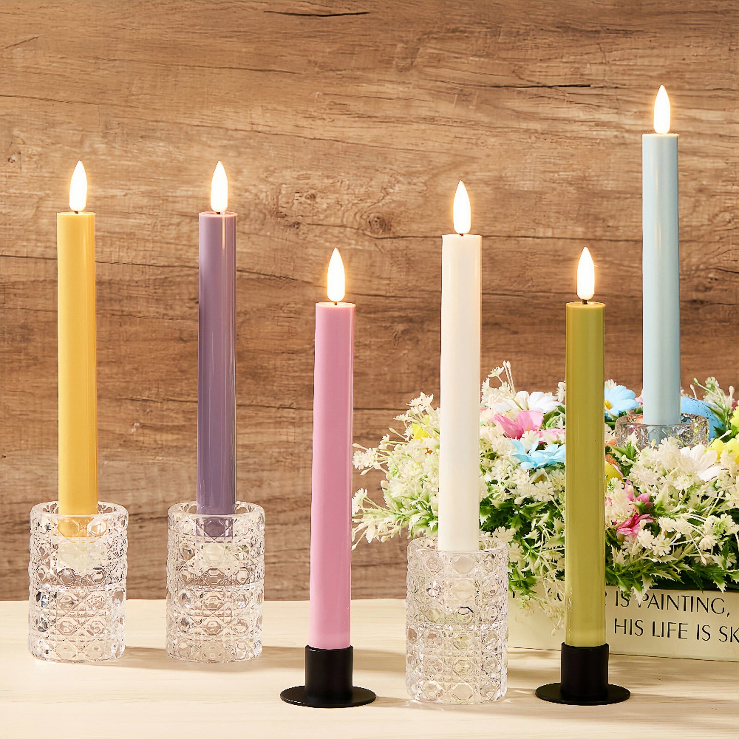 Battery-Operated 3D Wick Flame Taper Candles with Remote Control, Pastel - Set of 6