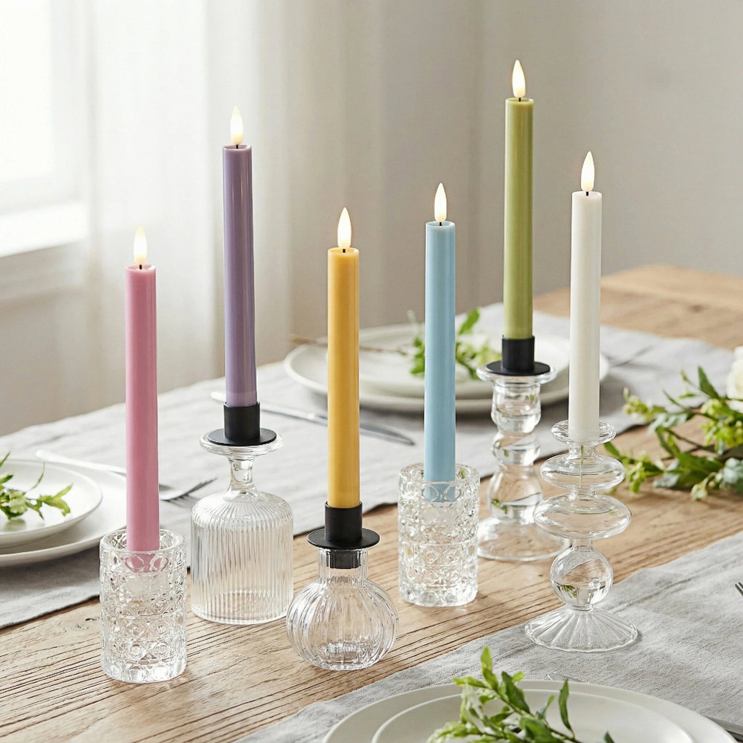 Battery-Operated 3D Wick Flame Taper Candles with Remote Control, Pastel - Set of 6