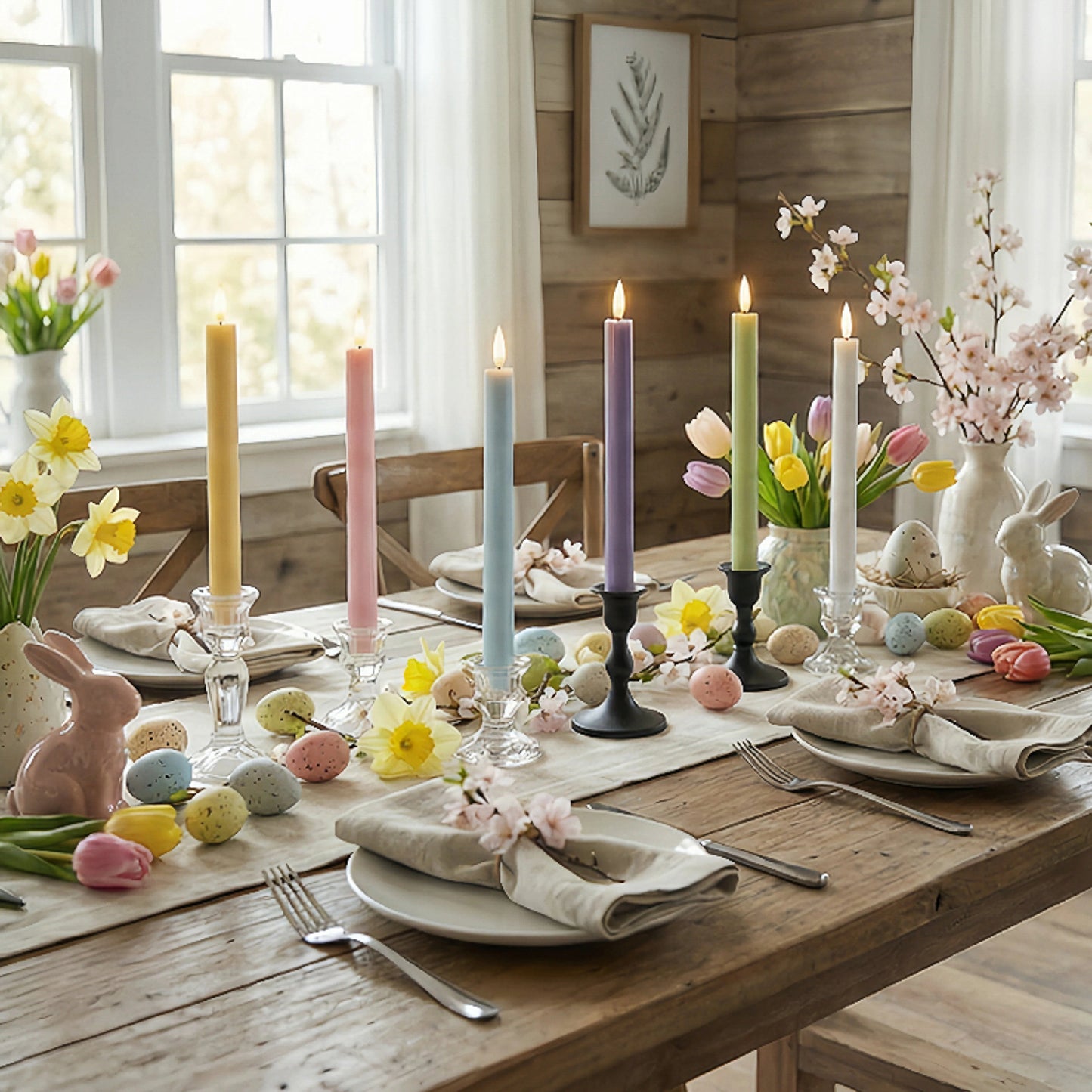 Battery-Operated 3D Wick Flame Taper Candles with Remote Control, Pastel - Set of 6