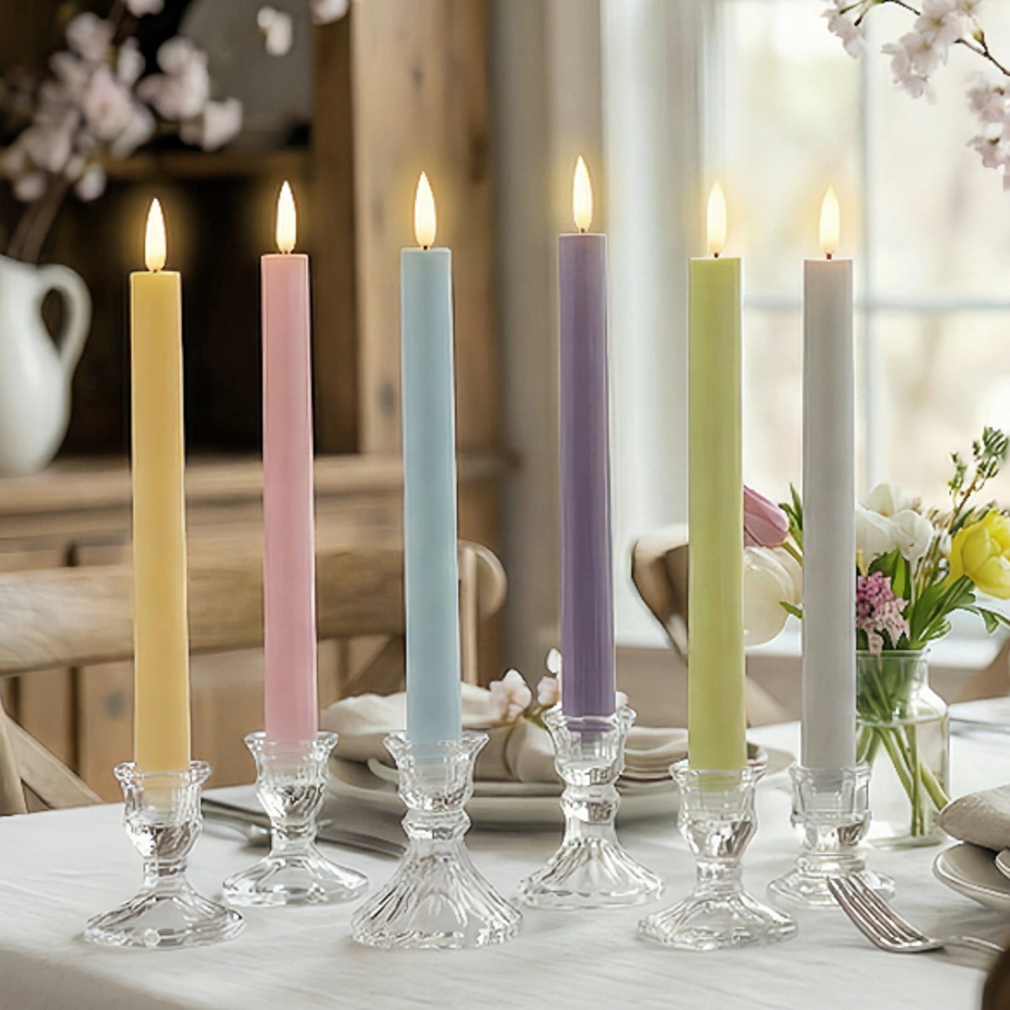 Battery-Operated 3D Wick Flame Taper Candles with Remote Control, Pastel - Set of 6