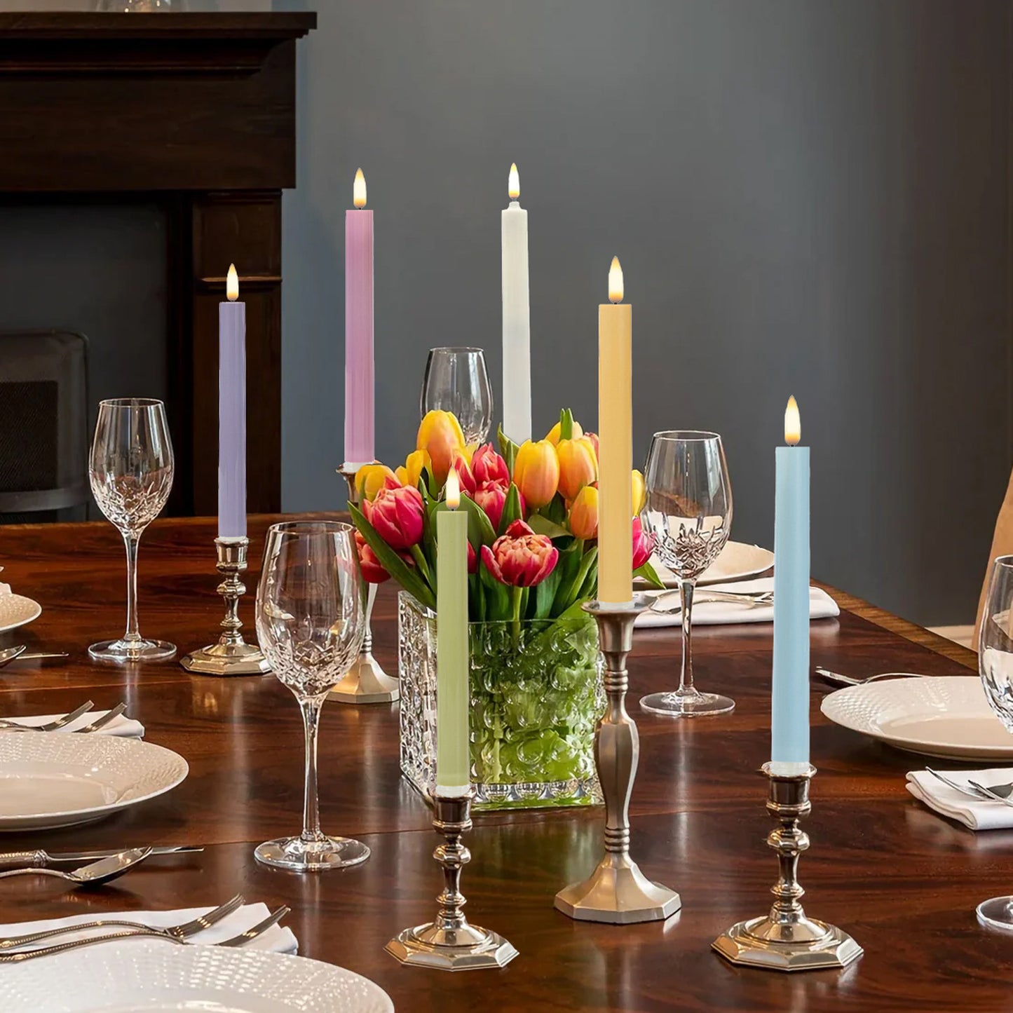 Battery-Operated 3D Wick Flame Taper Candles with Remote Control, Pastel - Set of 6