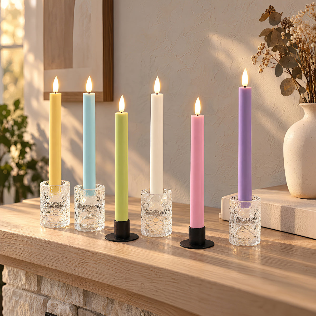 Battery-Operated 3D Wick Flame Taper Candles with Remote Control, Pastel - Set of 6