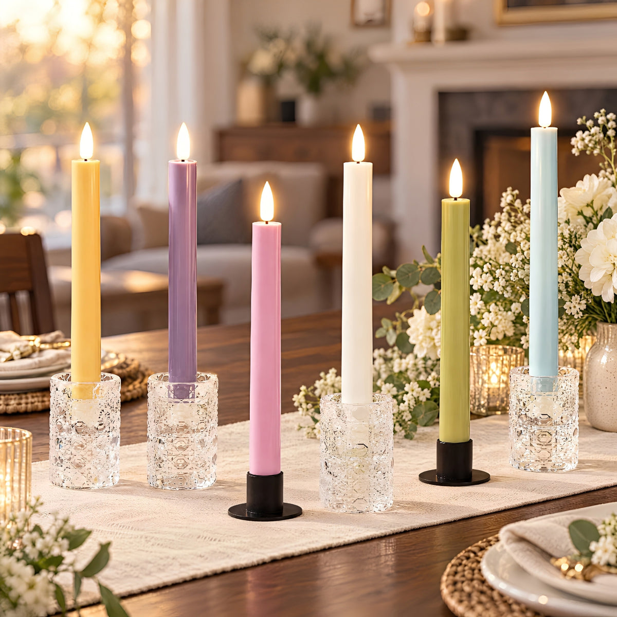 Battery-Operated 3D Wick Flame Taper Candles with Remote Control, Pastel - Set of 6