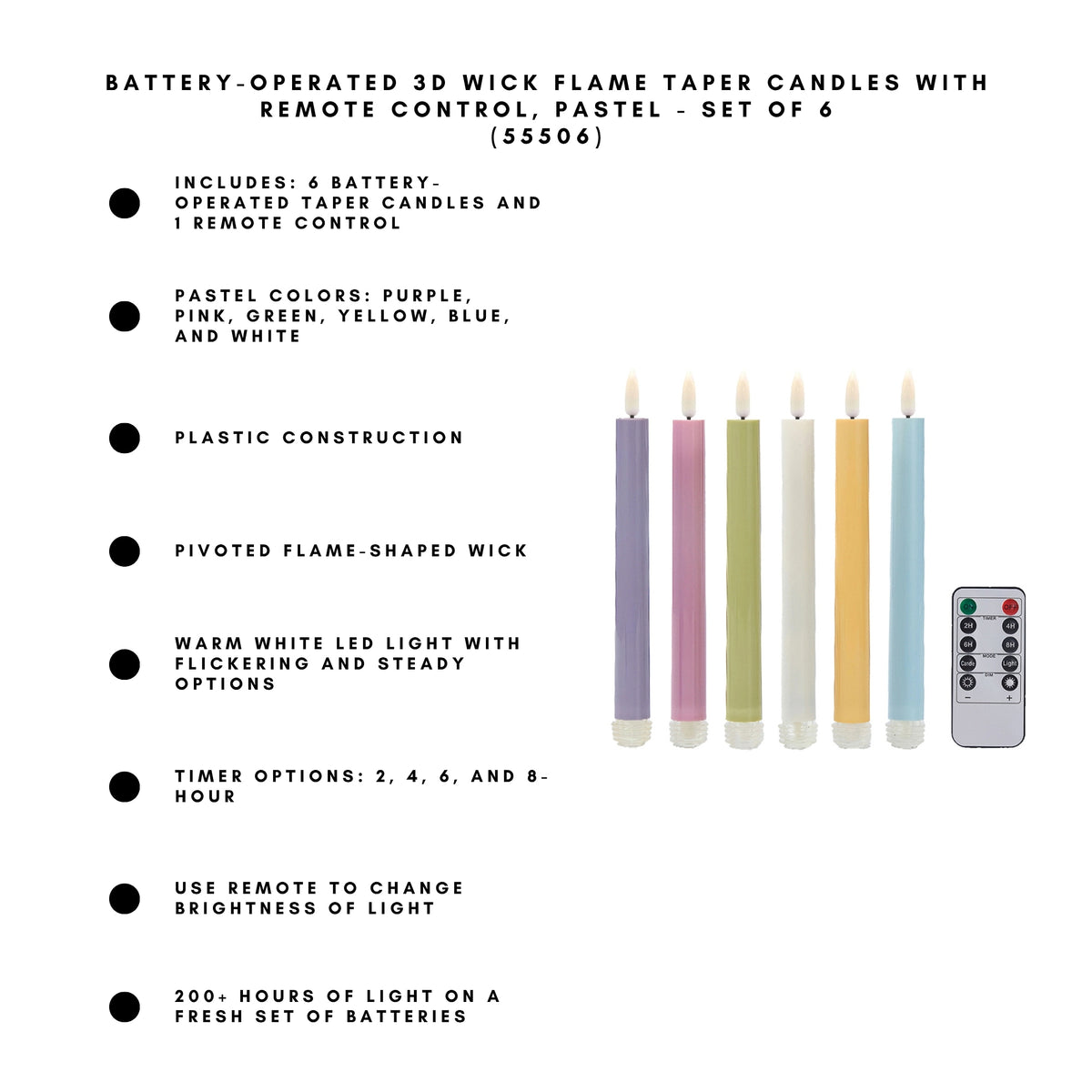 Battery-Operated 3D Wick Flame Taper Candles with Remote Control, Pastel - Set of 6