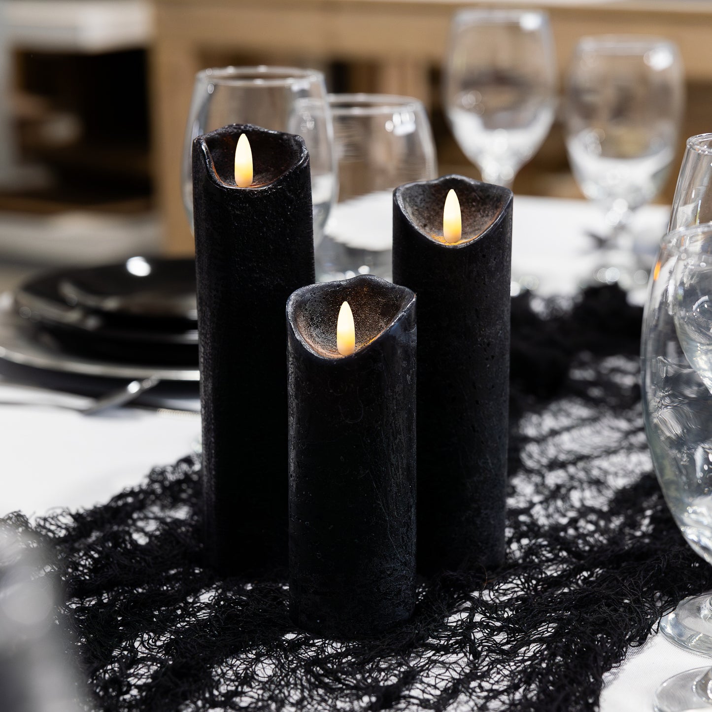 Battery Operated LED Wax Candles with Bullet Flame, Black - Set of 3