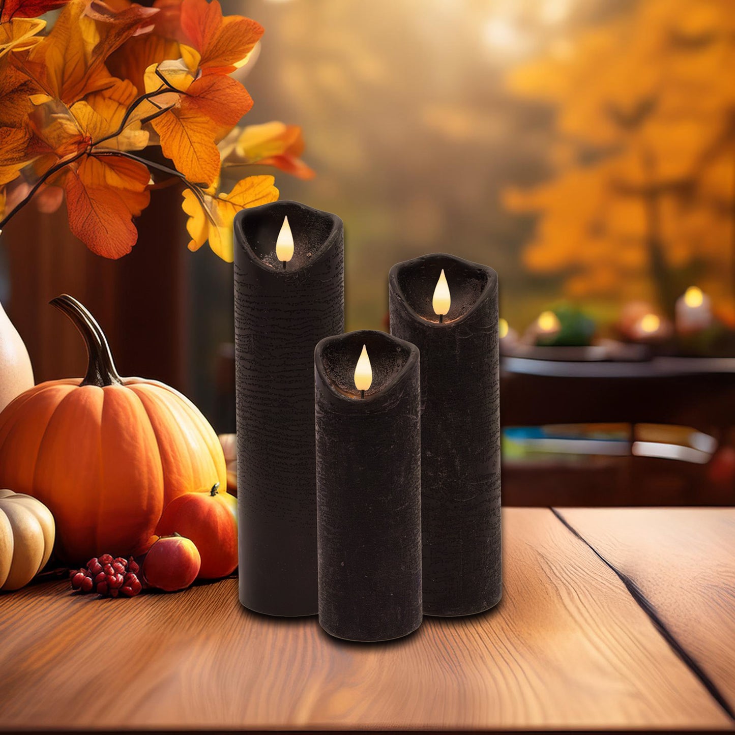 Battery-Operated LED Wax Candles with Bullet Flame, Black - Set of 3
