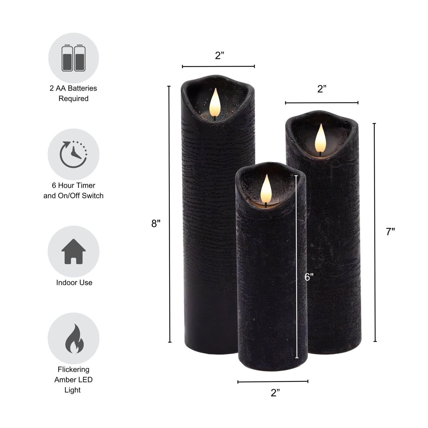 Battery-Operated LED Wax Candles with Bullet Flame, Black - Set of 3