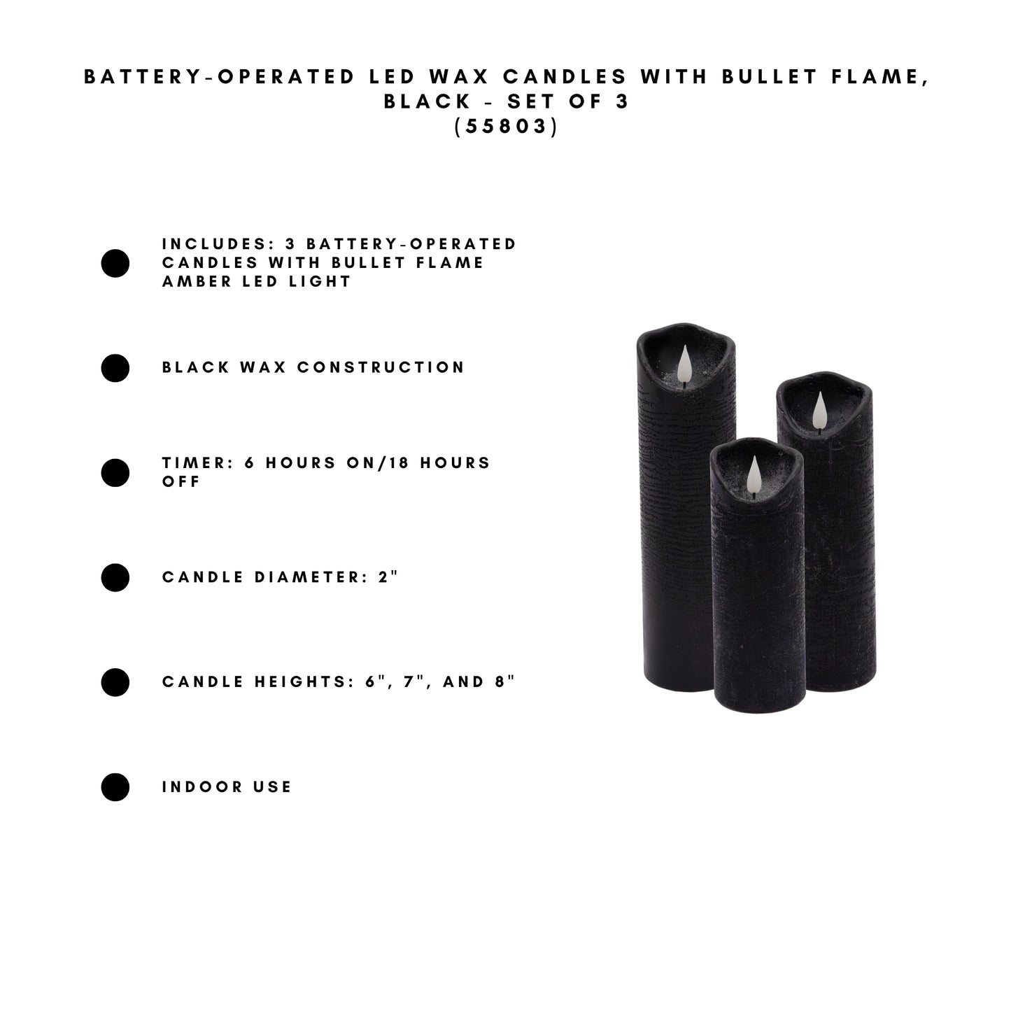 Battery-Operated LED Wax Candles with Bullet Flame, Black - Set of 3