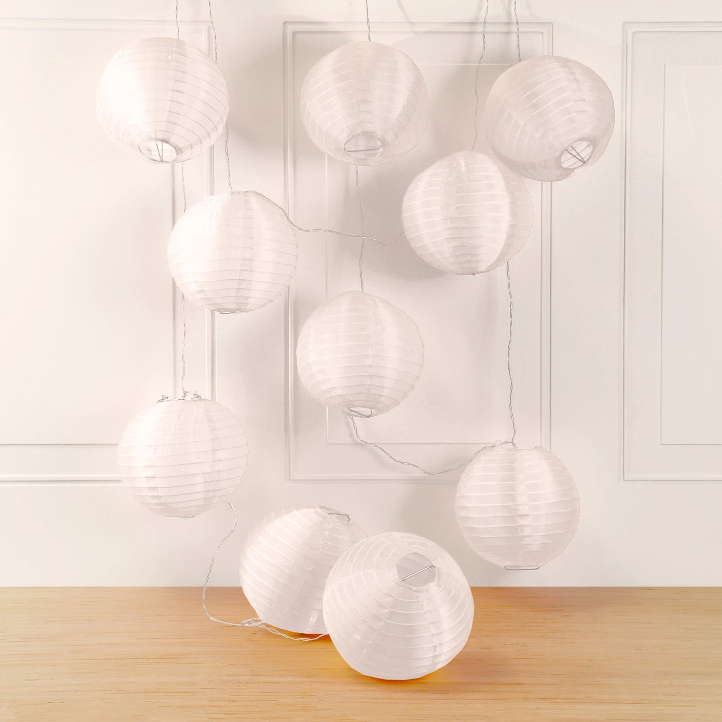Battery Operated String Lights with 10 Nylon Lanterns - White